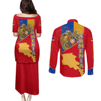 Armenia Flag Couples Matching Puletasi and Long Sleeve Button Shirt with National Coat of Arms and Map Design - Wonder Print Shop