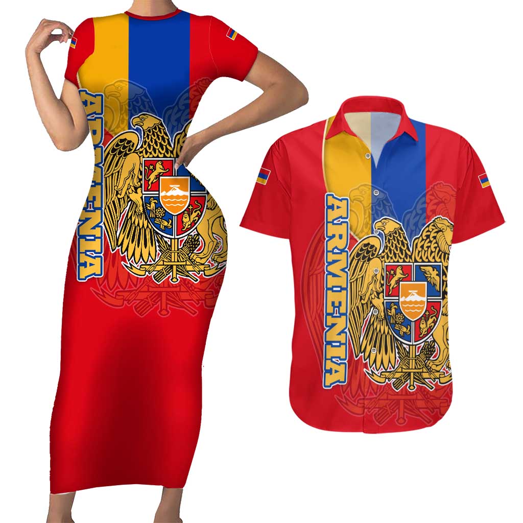 Armenia Flag Couples Matching Short Sleeve Bodycon Dress and Hawaiian Shirt with National Coat of Arms and Map Design - Wonder Print Shop