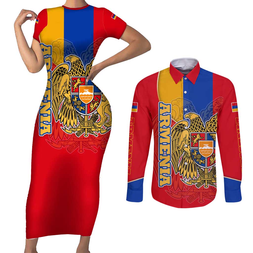 Armenia Flag Couples Matching Short Sleeve Bodycon Dress and Long Sleeve Button Shirt with National Coat of Arms and Map Design - Wonder Print Shop