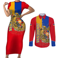 Armenia Flag Couples Matching Short Sleeve Bodycon Dress and Long Sleeve Button Shirt with National Coat of Arms and Map Design - Wonder Print Shop
