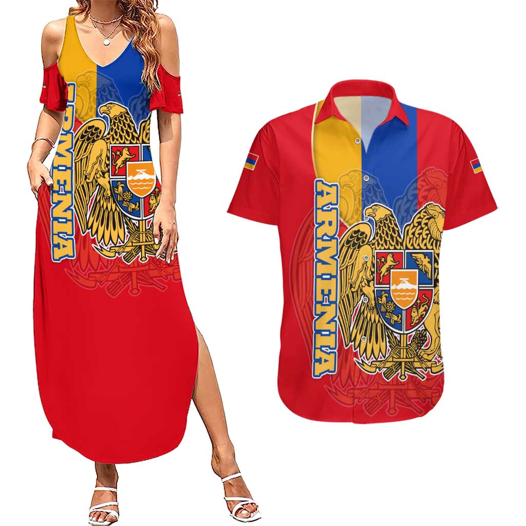 Armenia Flag Couples Matching Summer Maxi Dress and Hawaiian Shirt with National Coat of Arms and Map Design - Wonder Print Shop
