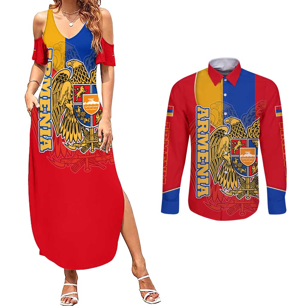 Armenia Flag Couples Matching Summer Maxi Dress and Long Sleeve Button Shirt with National Coat of Arms and Map Design - Wonder Print Shop
