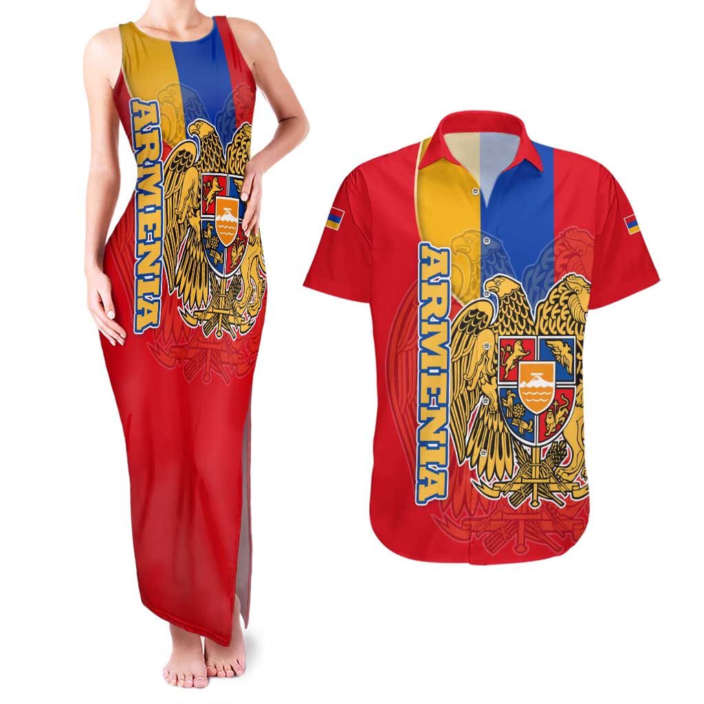 Armenia Flag Couples Matching Tank Maxi Dress and Hawaiian Shirt with National Coat of Arms and Map Design - Wonder Print Shop
