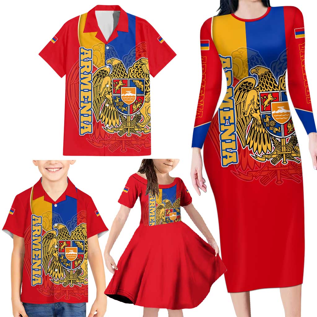 Armenia Flag Family Matching Long Sleeve Bodycon Dress and Hawaiian Shirt with National Coat of Arms and Map Design - Wonder Print Shop