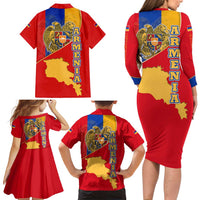 Armenia Flag Family Matching Long Sleeve Bodycon Dress and Hawaiian Shirt with National Coat of Arms and Map Design - Wonder Print Shop