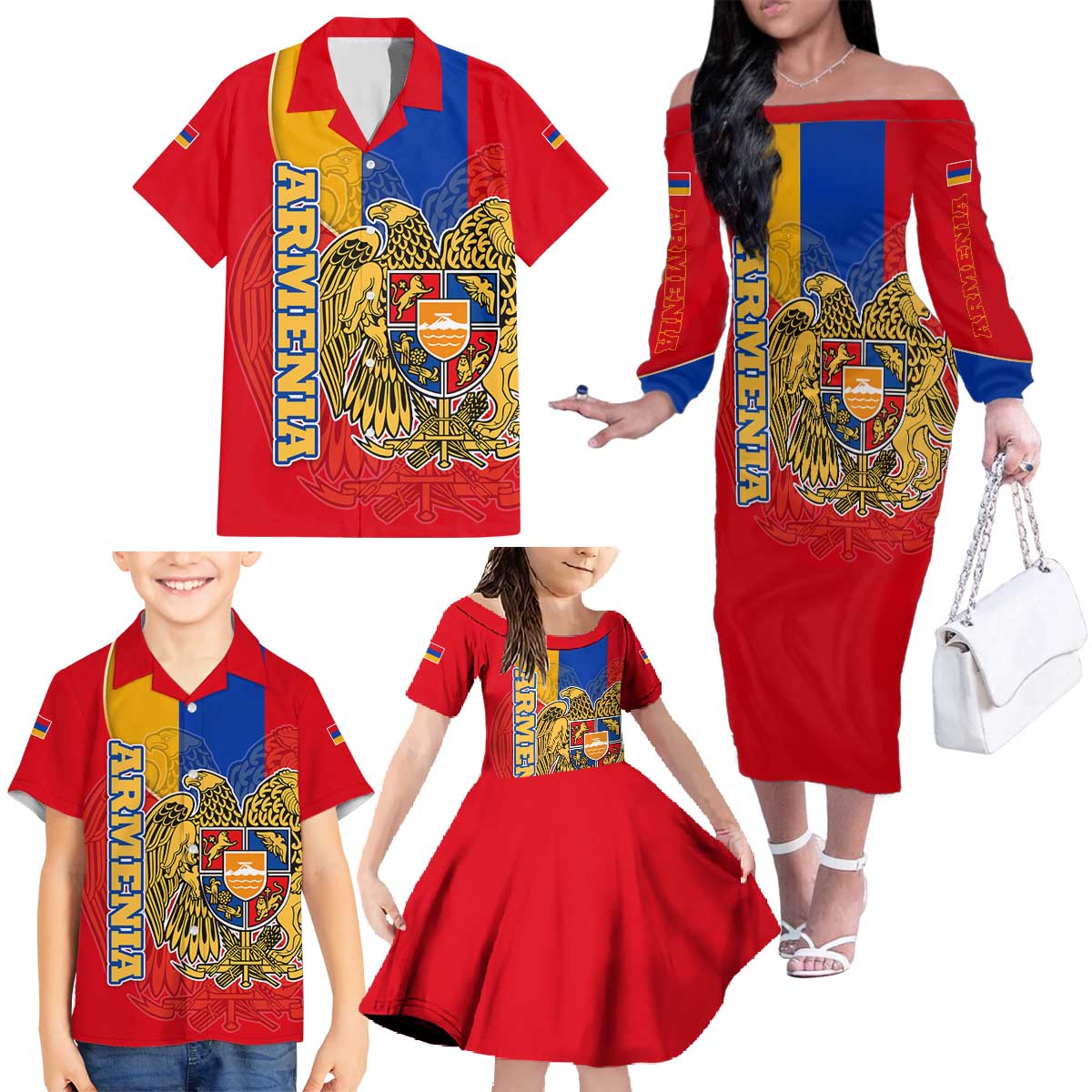 Armenia Flag Family Matching Off The Shoulder Long Sleeve Dress and Hawaiian Shirt with National Coat of Arms and Map Design - Wonder Print Shop