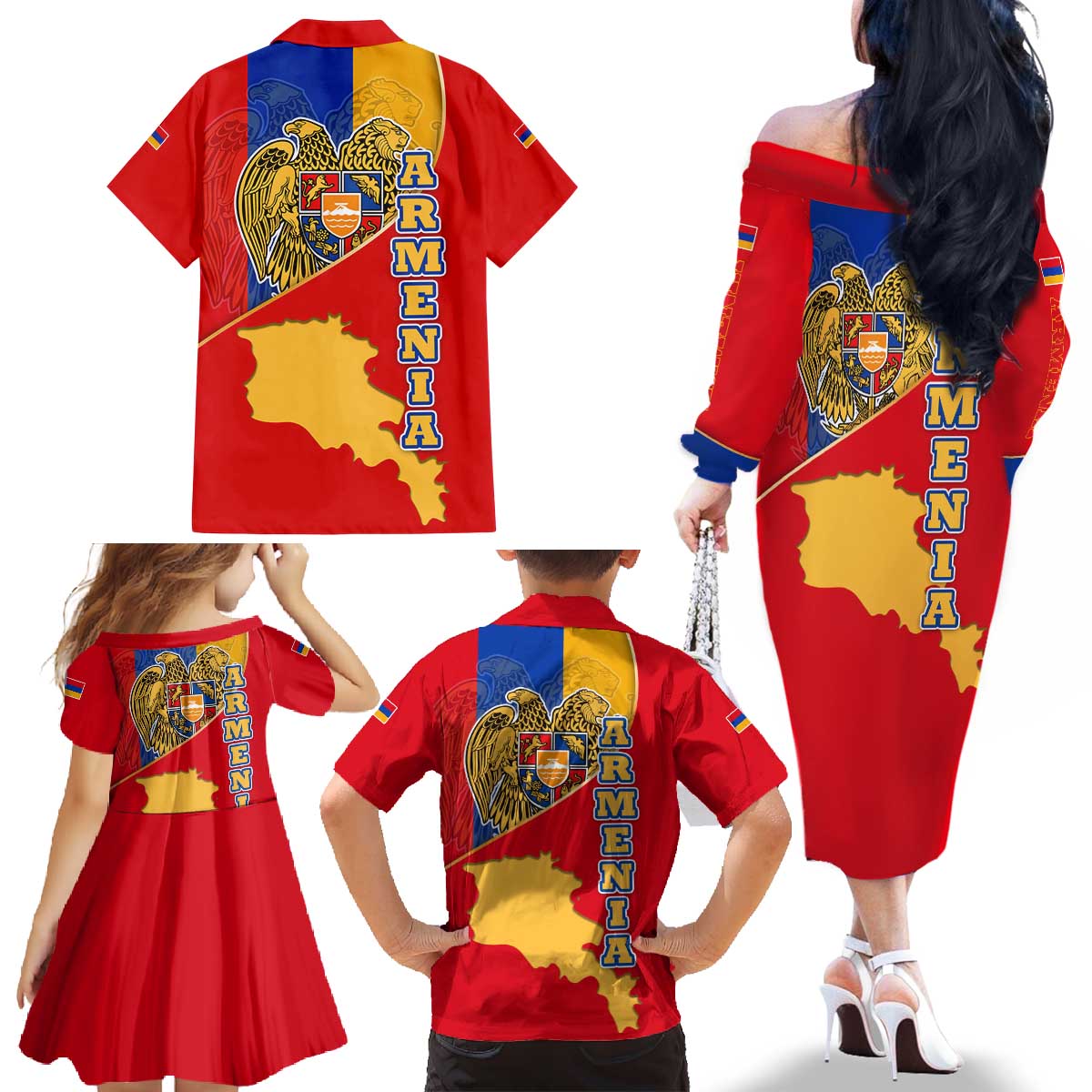 Armenia Flag Family Matching Off The Shoulder Long Sleeve Dress and Hawaiian Shirt with National Coat of Arms and Map Design - Wonder Print Shop