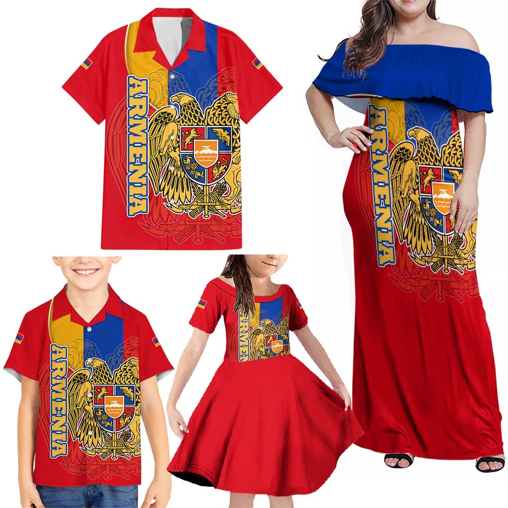 Armenia Flag Family Matching Off Shoulder Maxi Dress and Hawaiian Shirt with National Coat of Arms and Map Design - Wonder Print Shop