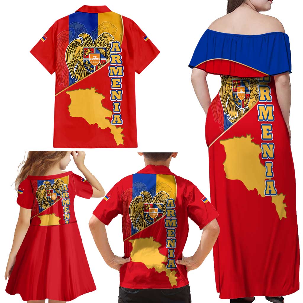 Armenia Flag Family Matching Off Shoulder Maxi Dress and Hawaiian Shirt with National Coat of Arms and Map Design - Wonder Print Shop
