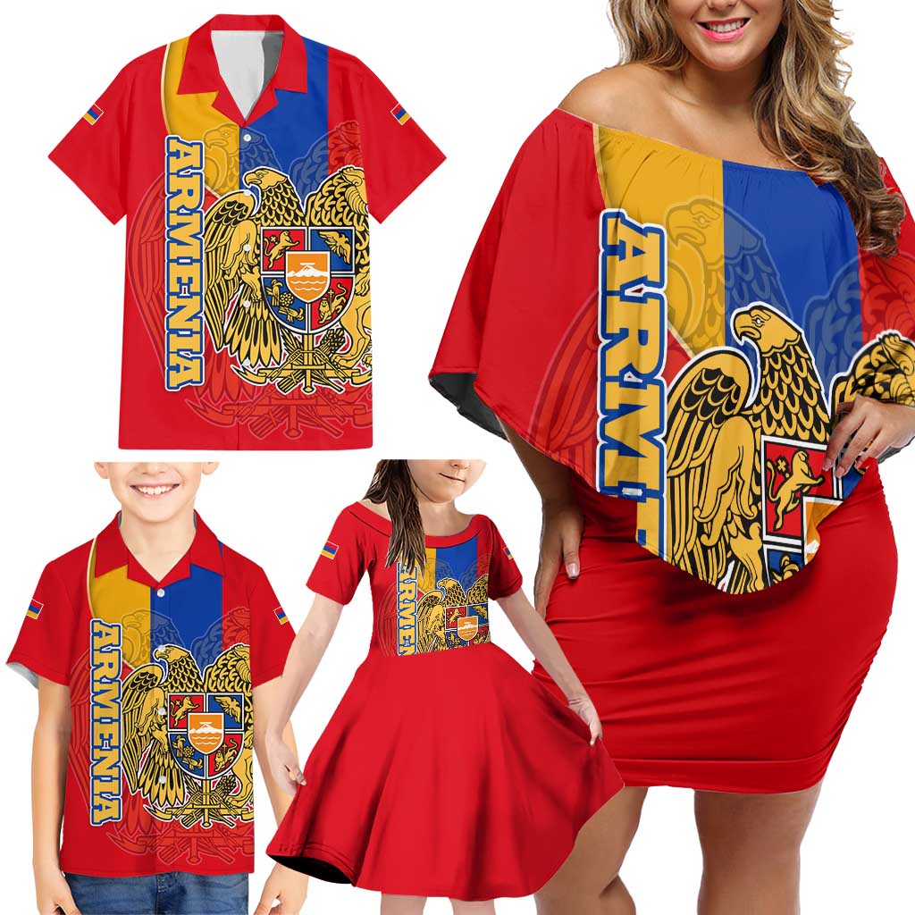 Armenia Flag Family Matching Off Shoulder Short Dress and Hawaiian Shirt with National Coat of Arms and Map Design - Wonder Print Shop