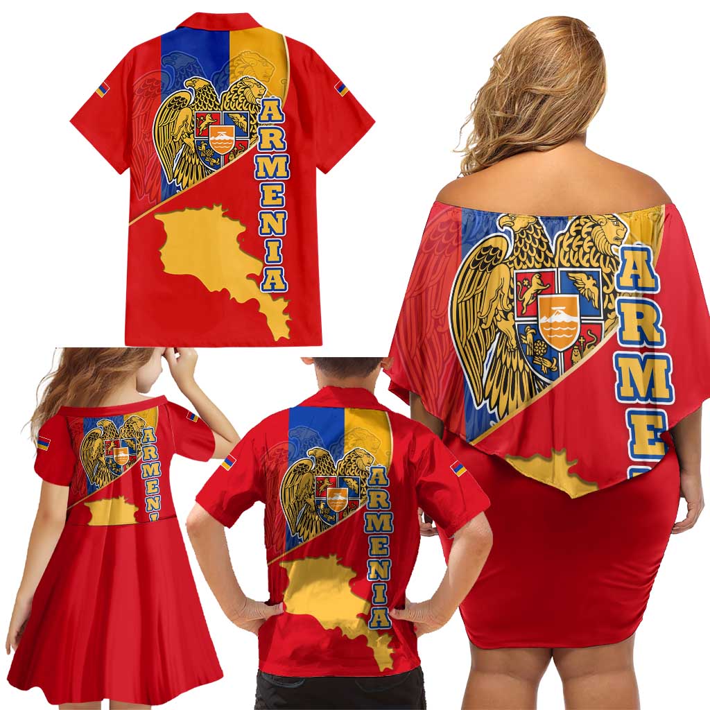Armenia Flag Family Matching Off Shoulder Short Dress and Hawaiian Shirt with National Coat of Arms and Map Design - Wonder Print Shop
