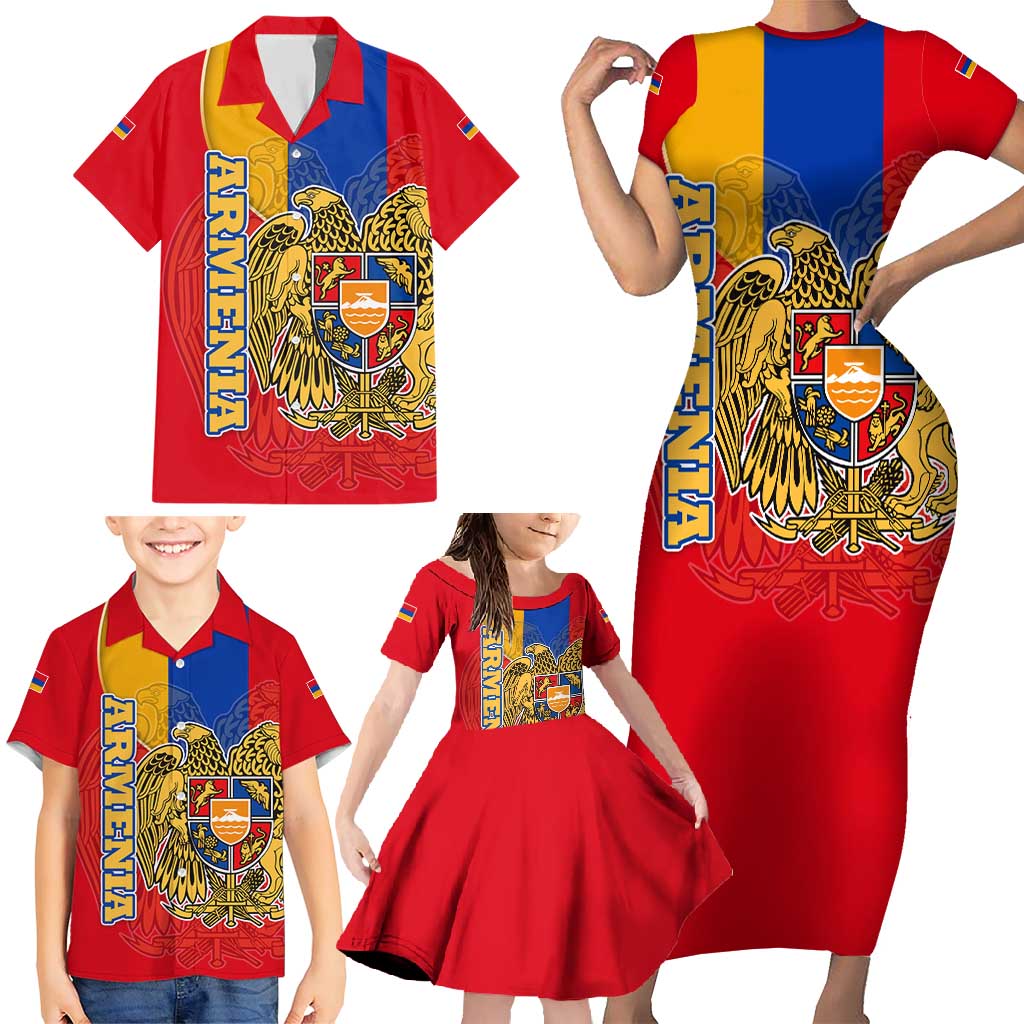 Armenia Flag Family Matching Short Sleeve Bodycon Dress and Hawaiian Shirt with National Coat of Arms and Map Design - Wonder Print Shop