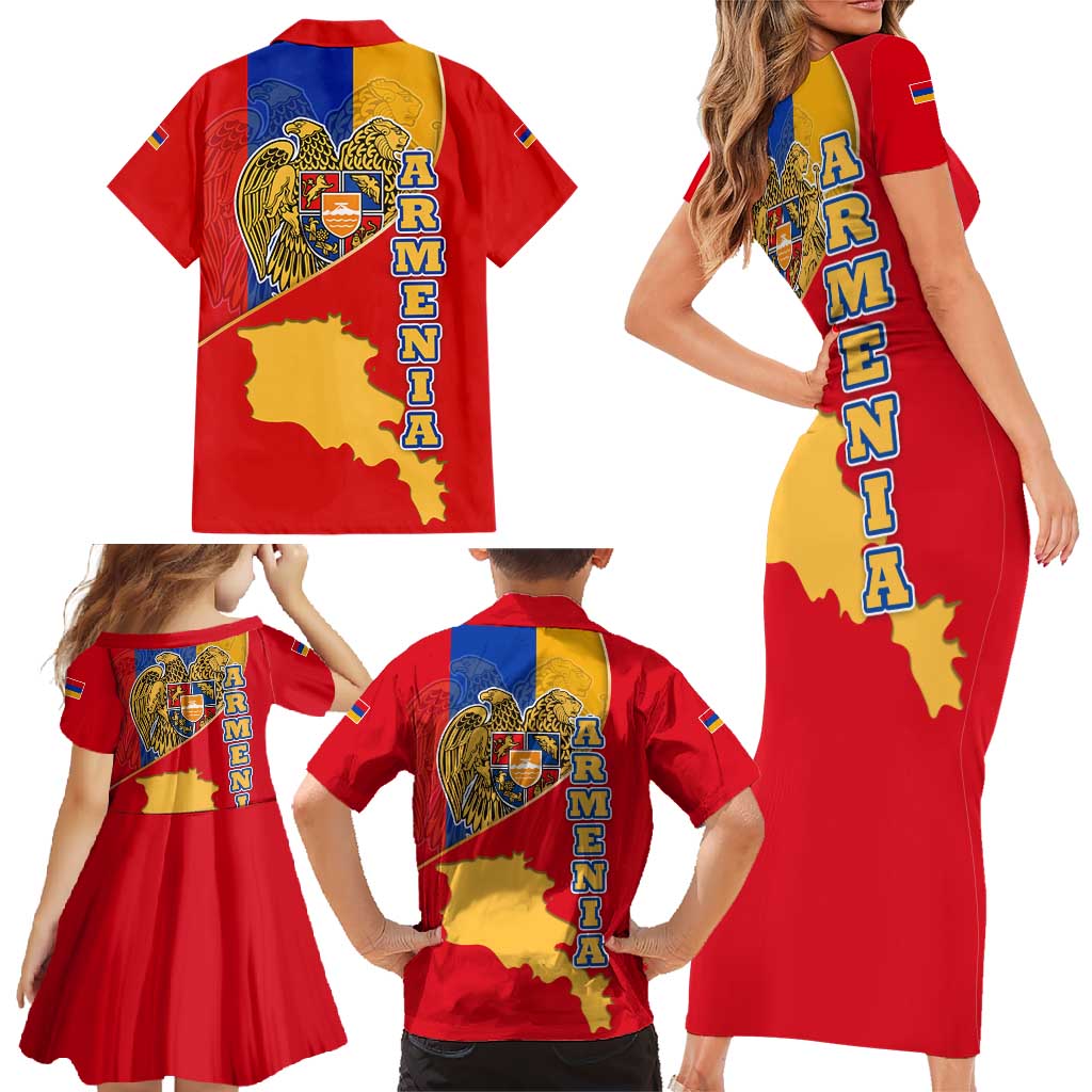 Armenia Flag Family Matching Short Sleeve Bodycon Dress and Hawaiian Shirt with National Coat of Arms and Map Design - Wonder Print Shop