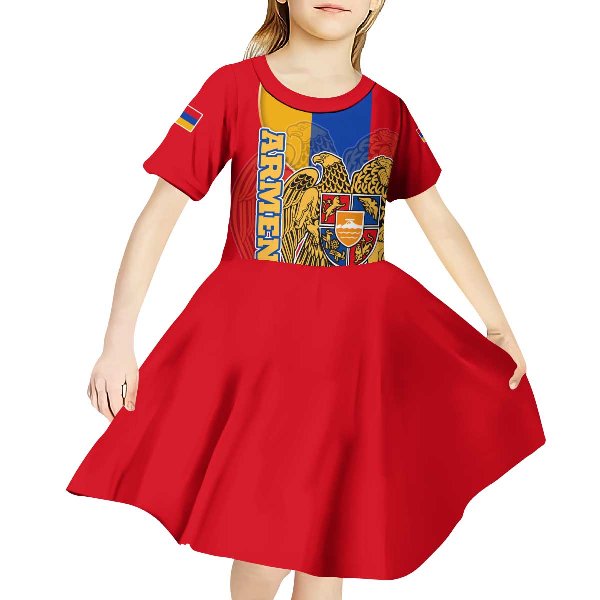 Armenia Flag Kid Short Sleeve Dress with National Coat of Arms and Map Design - Wonder Print Shop
