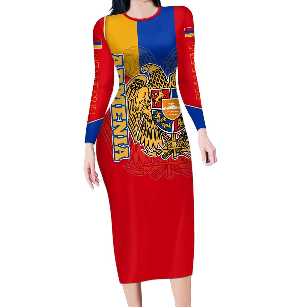 Armenia Flag Long Sleeve Bodycon Dress with National Coat of Arms and Map Design - Wonder Print Shop