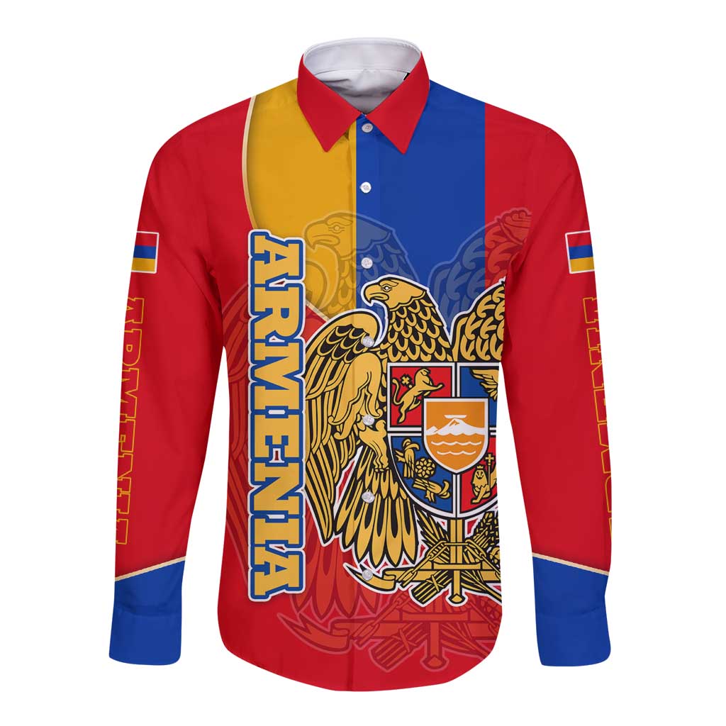 Armenia Flag Long Sleeve Button Shirt with National Coat of Arms and Map Design - Wonder Print Shop