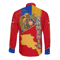 Armenia Flag Long Sleeve Button Shirt with National Coat of Arms and Map Design - Wonder Print Shop
