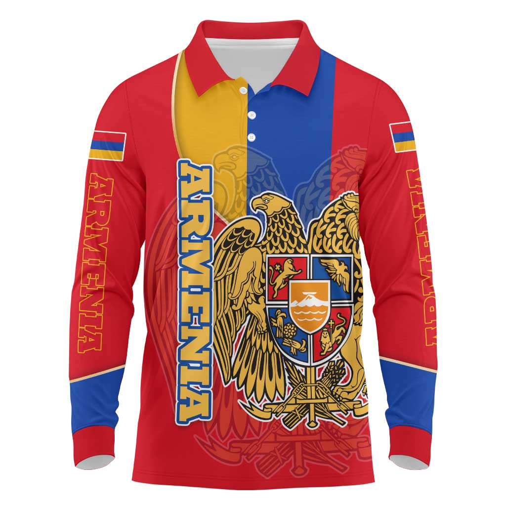 Armenia Flag Long Sleeve Polo Shirt with National Coat of Arms and Map Design - Wonder Print Shop