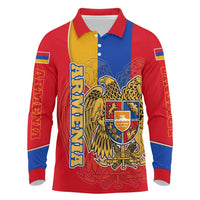 Armenia Flag Long Sleeve Polo Shirt with National Coat of Arms and Map Design - Wonder Print Shop