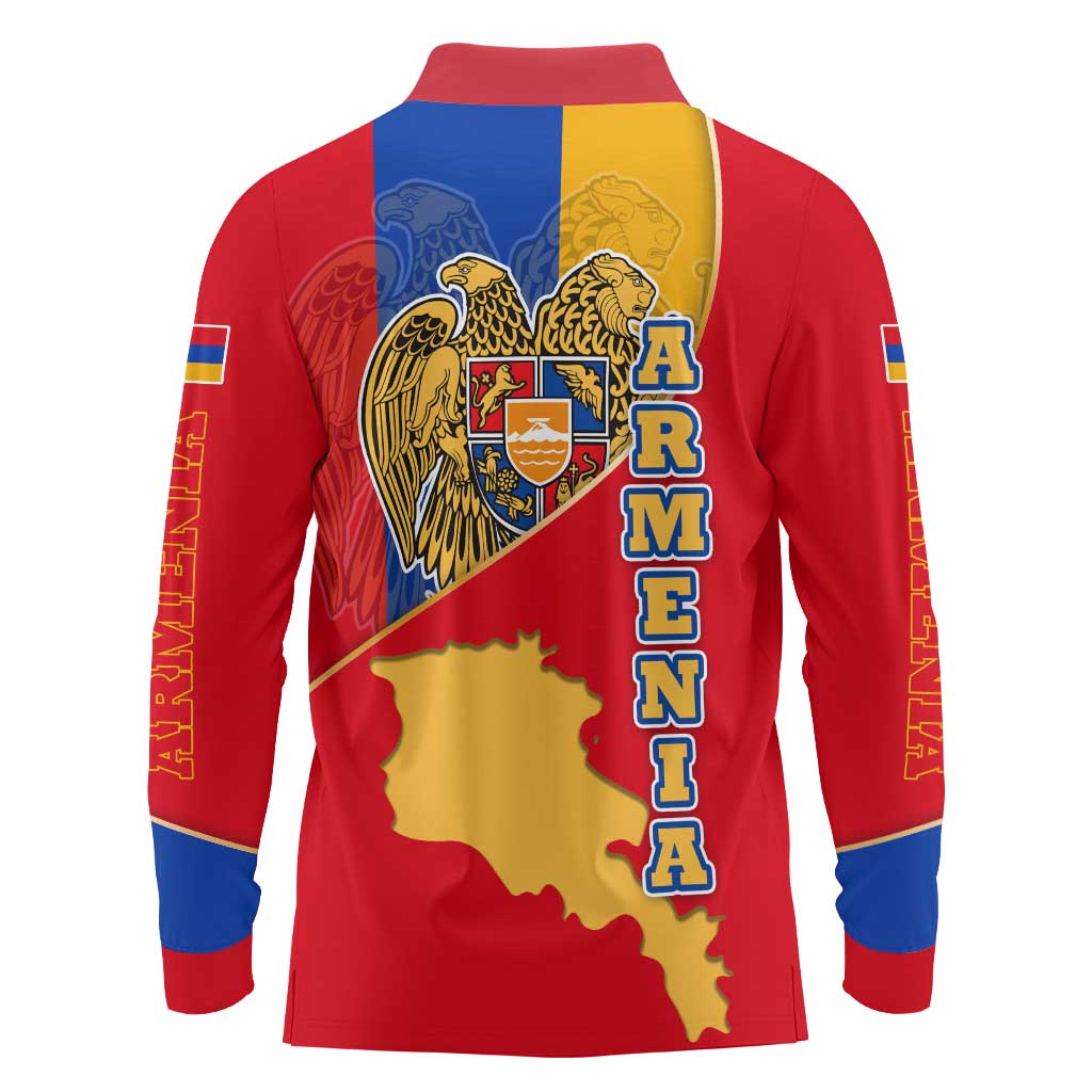 Armenia Flag Long Sleeve Polo Shirt with National Coat of Arms and Map Design - Wonder Print Shop