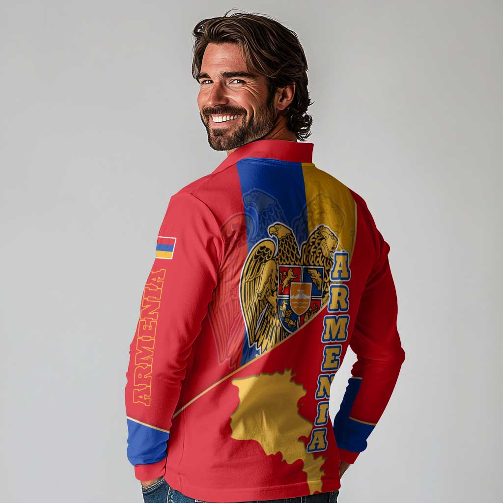 Armenia Flag Long Sleeve Polo Shirt with National Coat of Arms and Map Design - Wonder Print Shop
