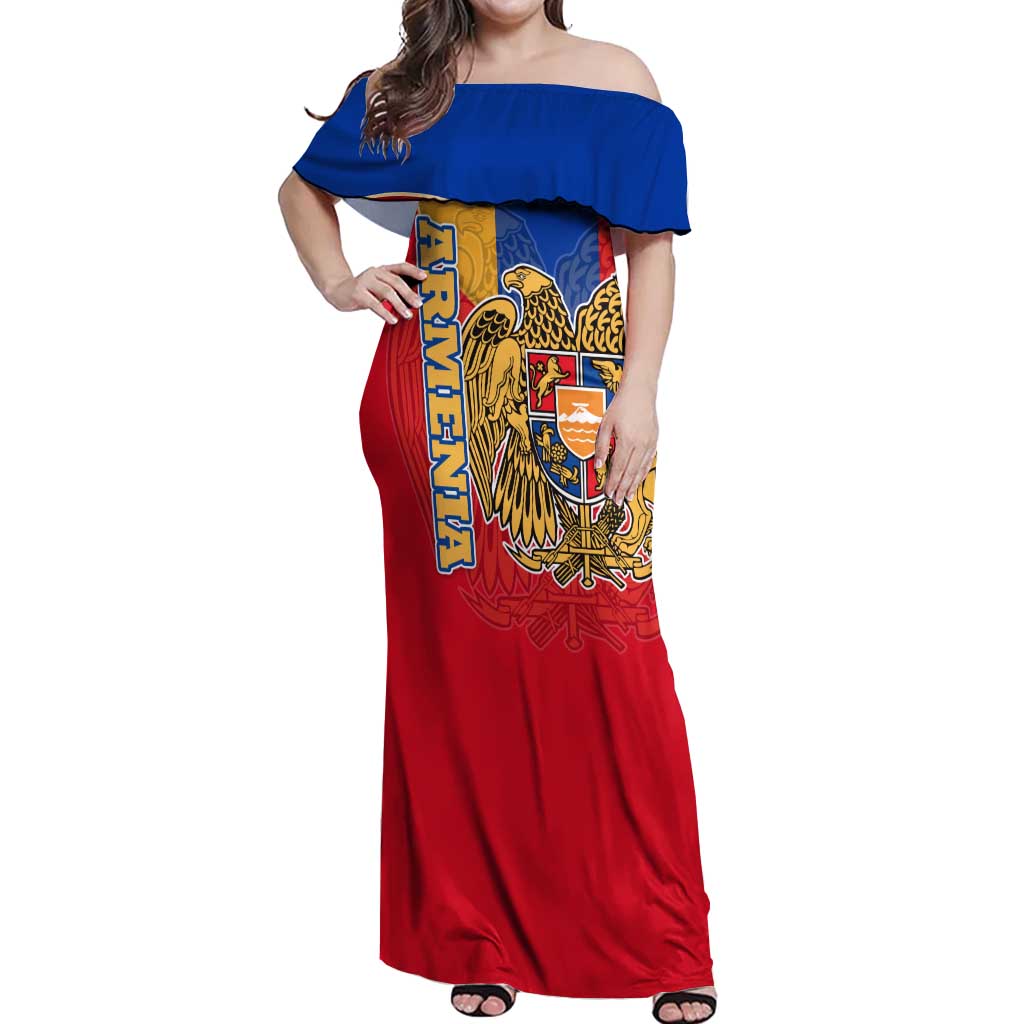 Armenia Flag Off Shoulder Maxi Dress with National Coat of Arms and Map Design - Wonder Print Shop