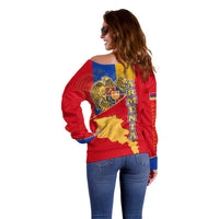 Armenia Flag Off Shoulder Sweater with National Coat of Arms and Map Design - Wonder Print Shop