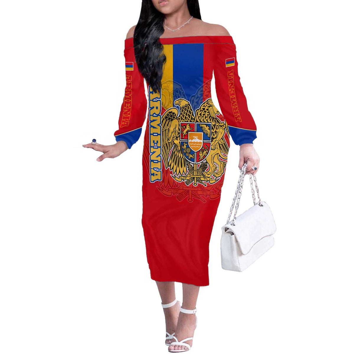 Armenia Flag Off The Shoulder Long Sleeve Dress with National Coat of Arms and Map Design - Wonder Print Shop