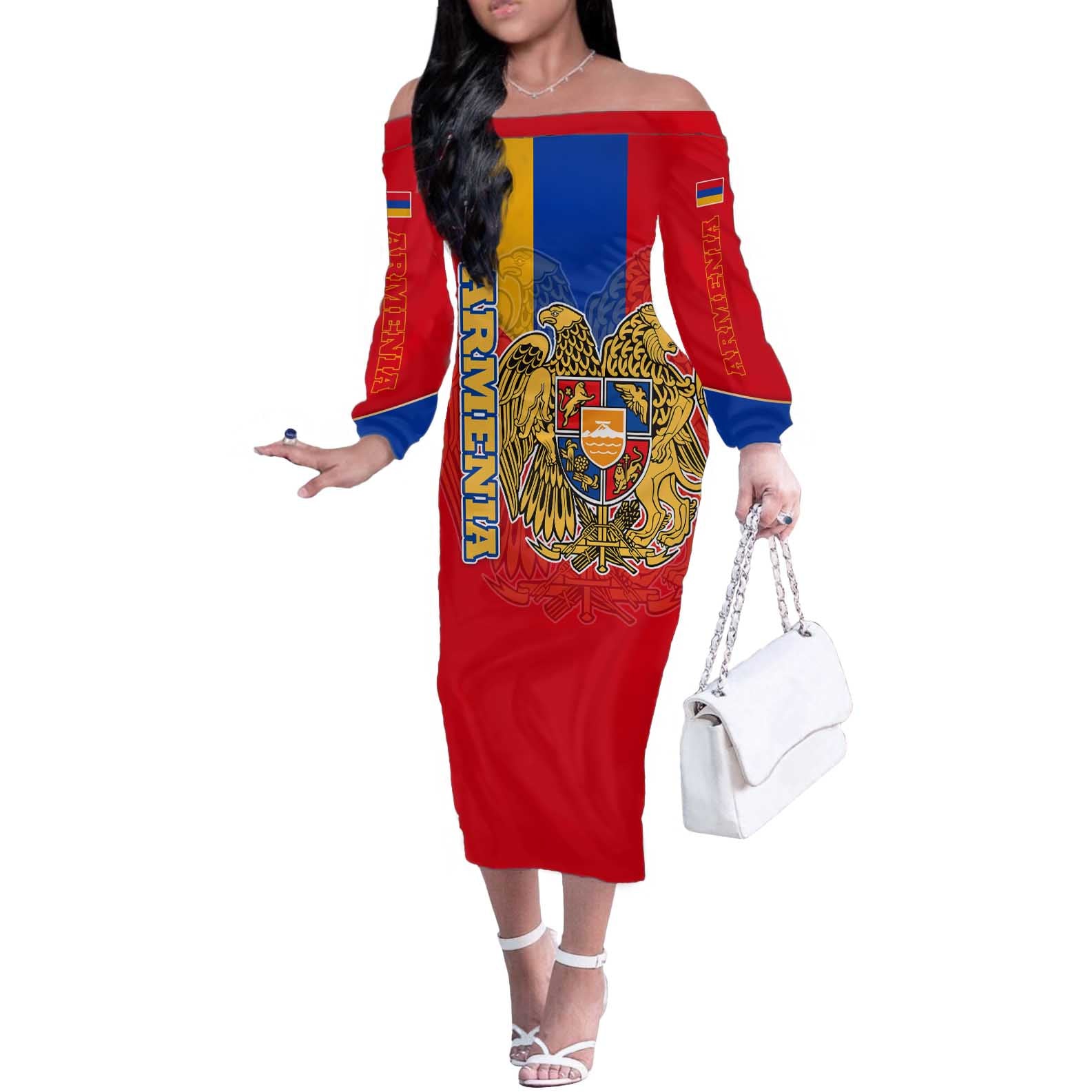 Armenia Flag Off The Shoulder Long Sleeve Dress with National Coat of Arms and Map Design - Wonder Print Shop
