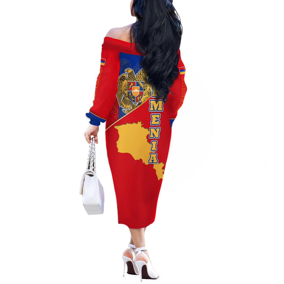 Armenia Flag Off The Shoulder Long Sleeve Dress with National Coat of Arms and Map Design - Wonder Print Shop