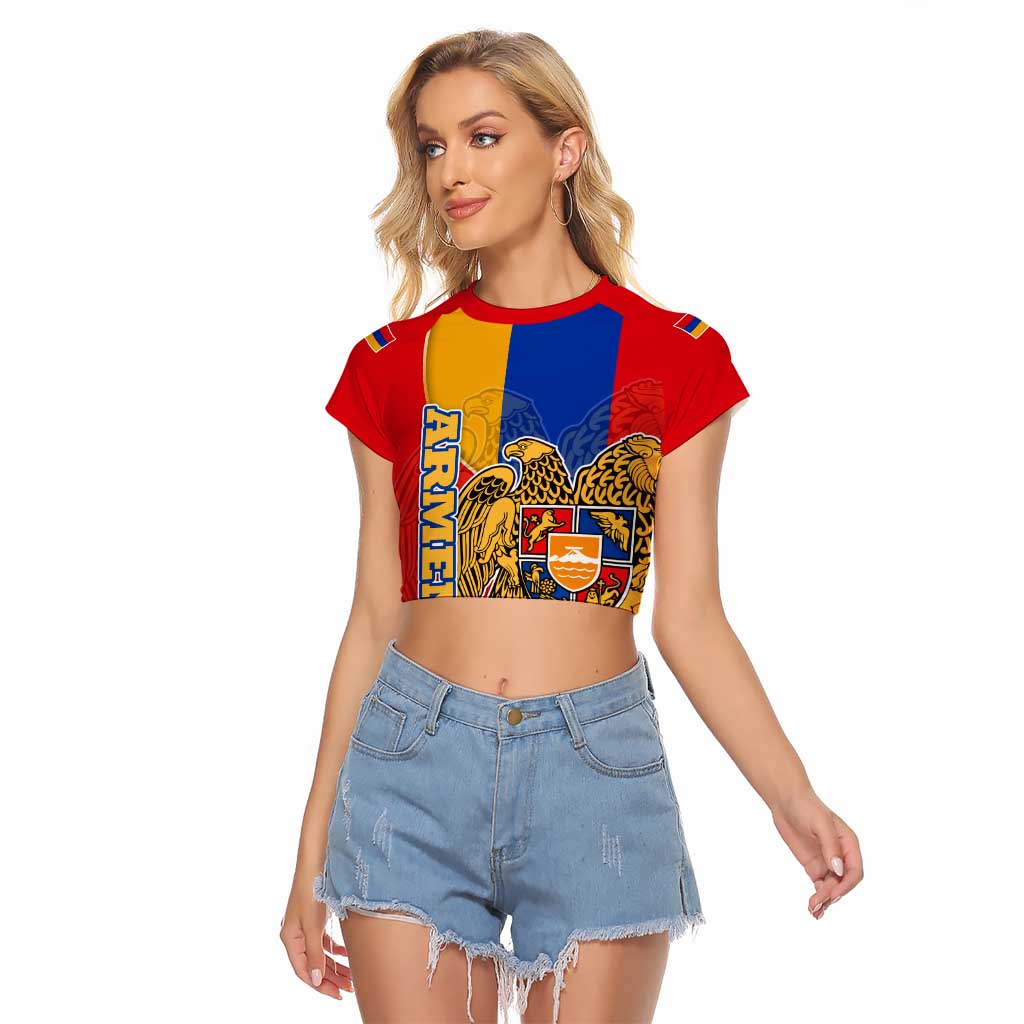 Armenia Flag Raglan Cropped T Shirt with National Coat of Arms and Map Design - Wonder Print Shop