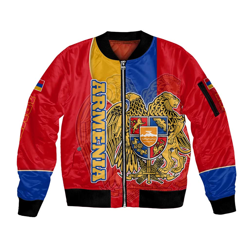 Armenia Flag Sleeve Zip Bomber Jacket with National Coat of Arms and Map Design - Wonder Print Shop