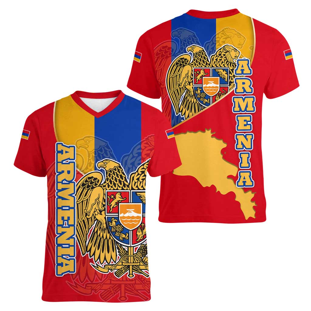 Armenia Flag Women V-Neck T-Shirt with National Coat of Arms and Map Design - Wonder Print Shop