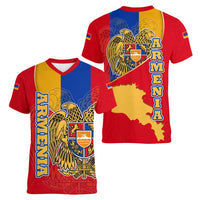 Armenia Flag Women V-Neck T-Shirt with National Coat of Arms and Map Design - Wonder Print Shop