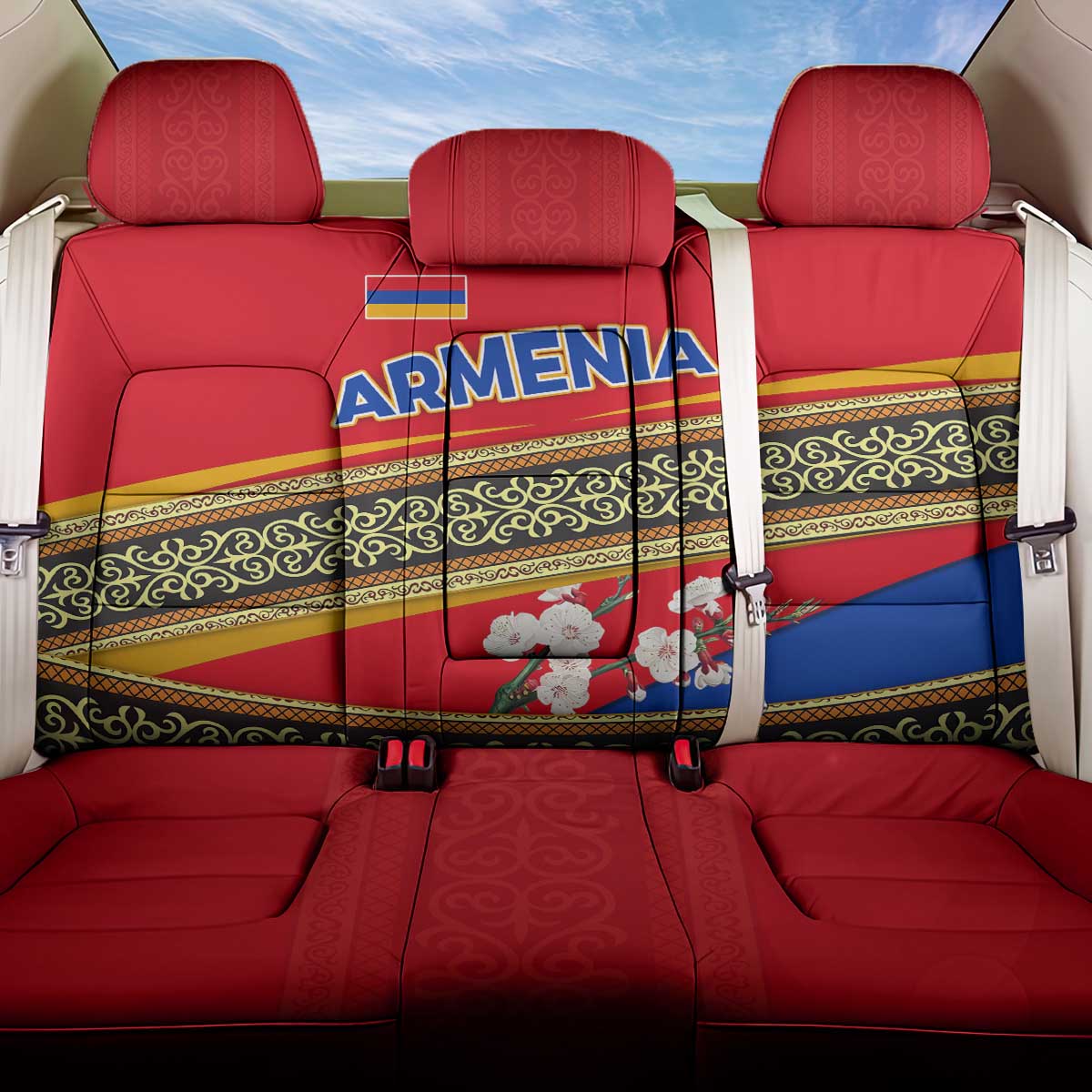 Armenia Traditional Pattern Back Car Seat Cover with Floral Motif and National Flag Design - Wonder Print Shop
