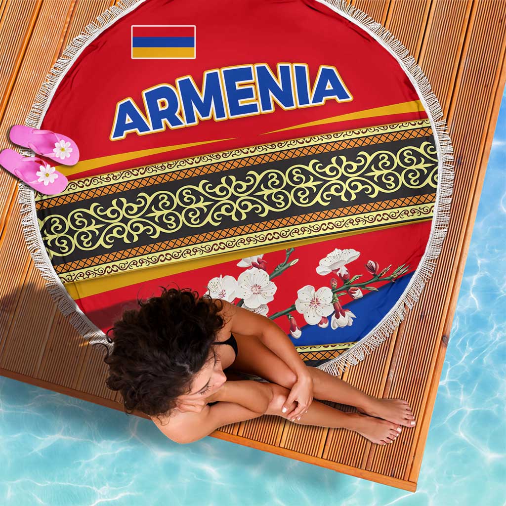 Armenia Traditional Pattern Beach Blanket with Floral Motif and National Flag Design - Wonder Print Shop
