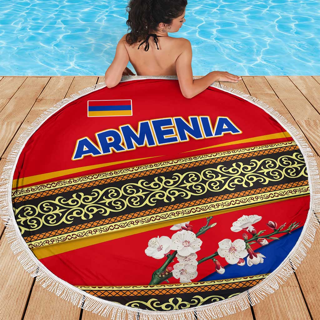 Armenia Traditional Pattern Beach Blanket with Floral Motif and National Flag Design - Wonder Print Shop