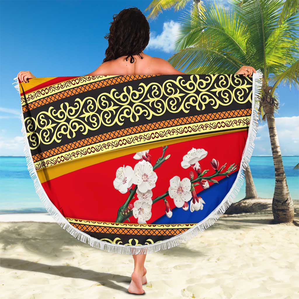 Armenia Traditional Pattern Beach Blanket with Floral Motif and National Flag Design - Wonder Print Shop