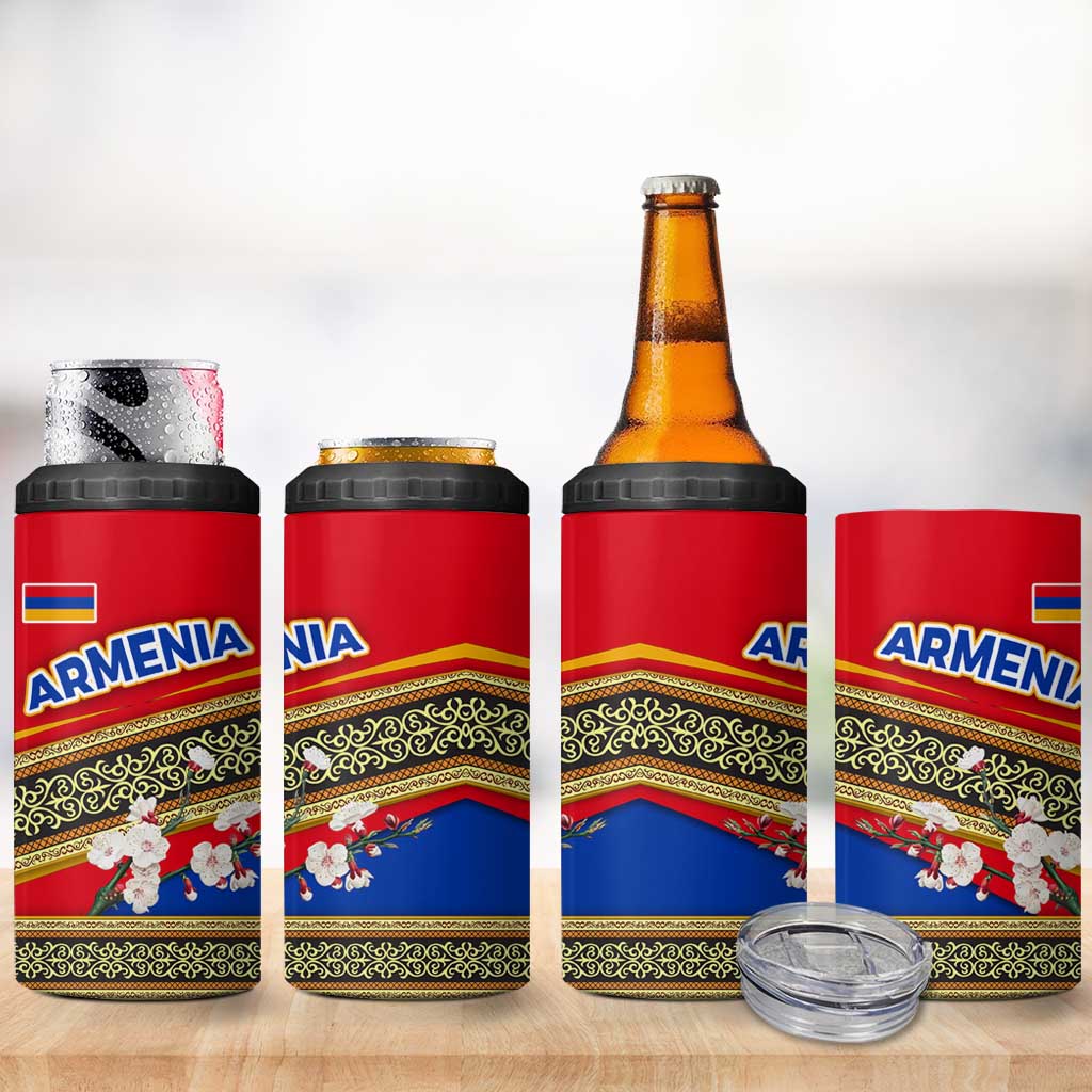 Armenia Traditional Pattern 4 in 1 Can Cooler Tumbler with Floral Motif and National Flag Design - Wonder Print Shop