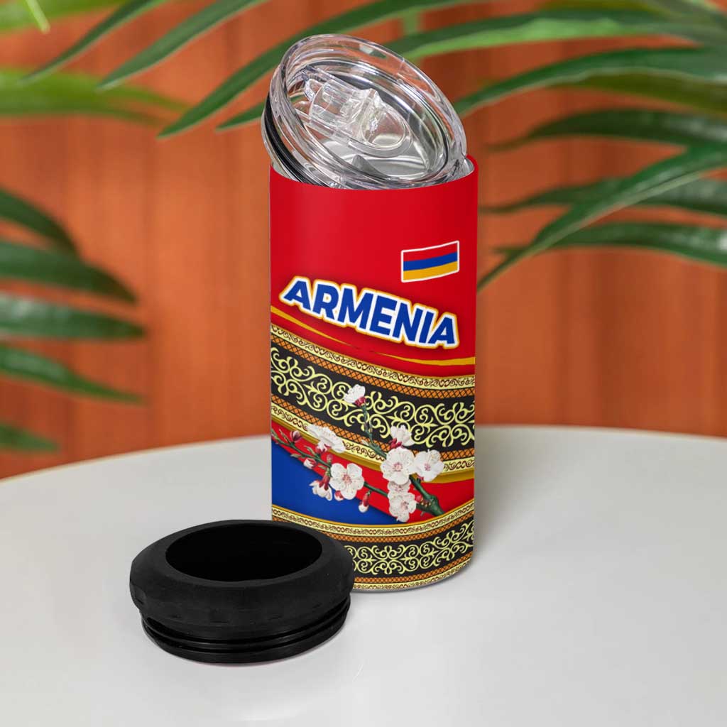 Armenia Traditional Pattern 4 in 1 Can Cooler Tumbler with Floral Motif and National Flag Design - Wonder Print Shop