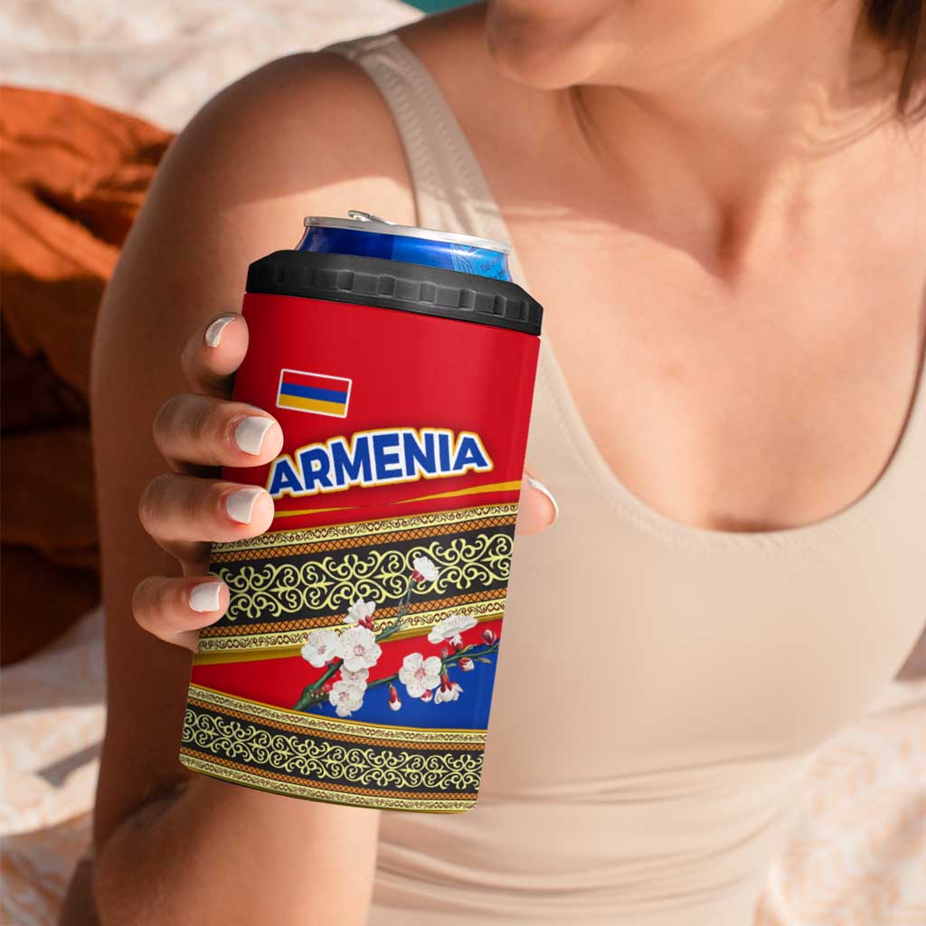 Armenia Traditional Pattern 4 in 1 Can Cooler Tumbler with Floral Motif and National Flag Design - Wonder Print Shop