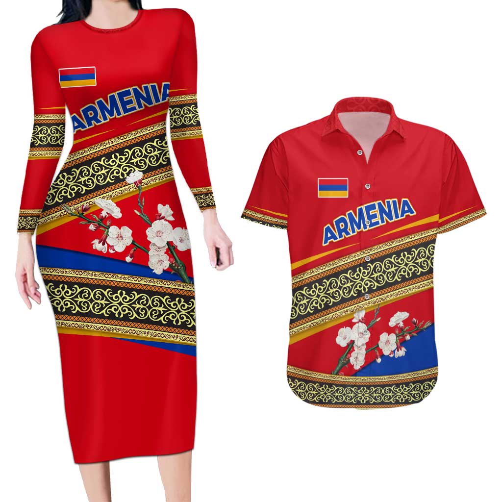 Armenia Traditional Pattern Couples Matching Long Sleeve Bodycon Dress and Hawaiian Shirt with Floral Motif and National Flag Design - Wonder Print Shop