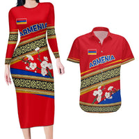 Armenia Traditional Pattern Couples Matching Long Sleeve Bodycon Dress and Hawaiian Shirt with Floral Motif and National Flag Design - Wonder Print Shop