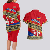 Armenia Traditional Pattern Couples Matching Long Sleeve Bodycon Dress and Hawaiian Shirt with Floral Motif and National Flag Design - Wonder Print Shop