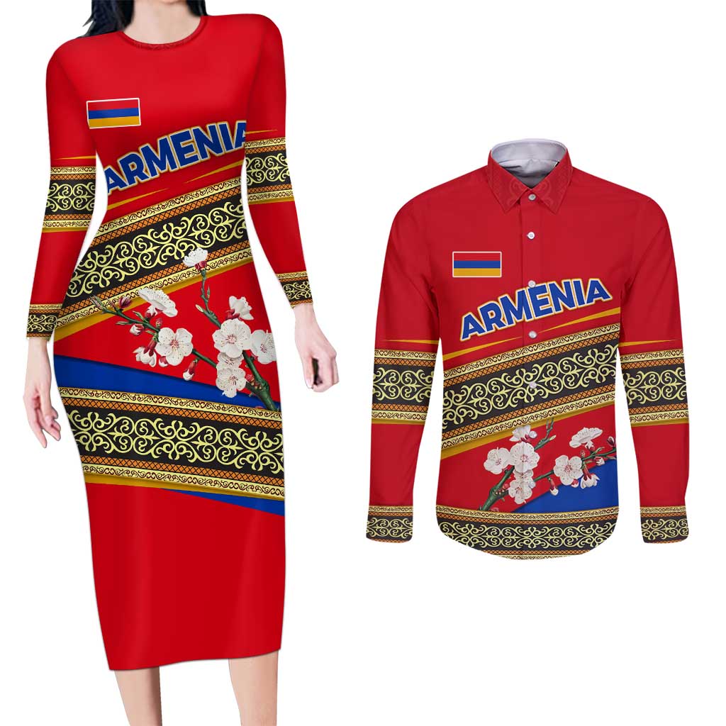 Armenia Traditional Pattern Couples Matching Long Sleeve Bodycon Dress and Long Sleeve Button Shirt with Floral Motif and National Flag Design - Wonder Print Shop