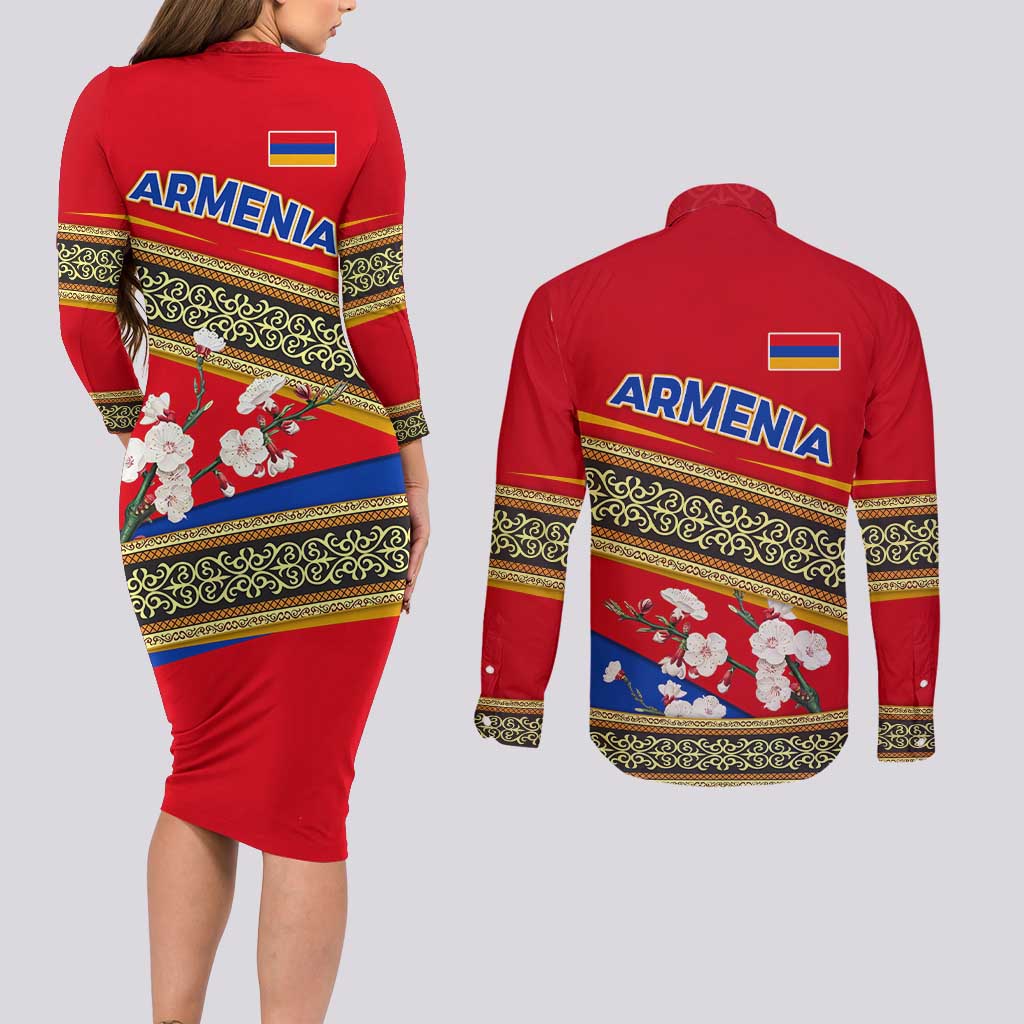 Armenia Traditional Pattern Couples Matching Long Sleeve Bodycon Dress and Long Sleeve Button Shirt with Floral Motif and National Flag Design - Wonder Print Shop