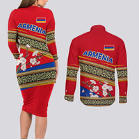 Armenia Traditional Pattern Couples Matching Long Sleeve Bodycon Dress and Long Sleeve Button Shirt with Floral Motif and National Flag Design - Wonder Print Shop