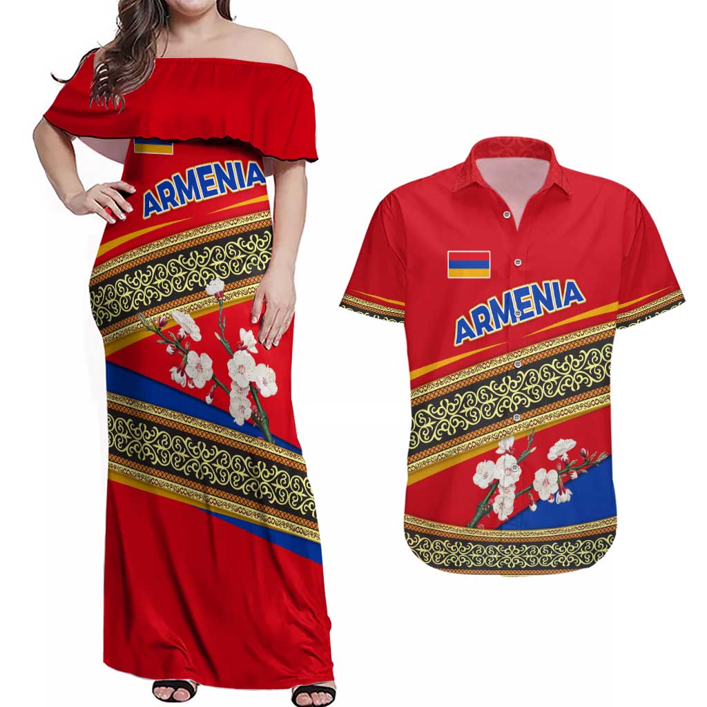 Armenia Traditional Pattern Couples Matching Off Shoulder Maxi Dress and Hawaiian Shirt with Floral Motif and National Flag Design - Wonder Print Shop