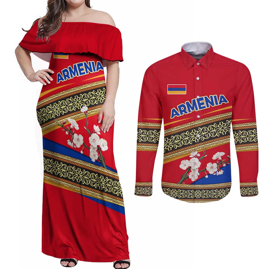 Armenia Traditional Pattern Couples Matching Off Shoulder Maxi Dress and Long Sleeve Button Shirt with Floral Motif and National Flag Design - Wonder Print Shop