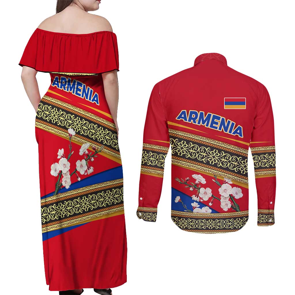 Armenia Traditional Pattern Couples Matching Off Shoulder Maxi Dress and Long Sleeve Button Shirt with Floral Motif and National Flag Design - Wonder Print Shop